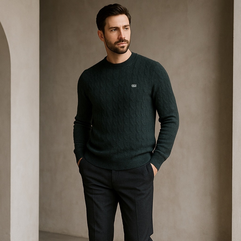 Lacoste Men's XL Woolmark Cable‎ Knit Crewneck Sweater Dark Green